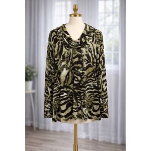 Susan Graver Cardigan Knit Sweater Full Zip Hooded Animal Print Sequin Size 1X
